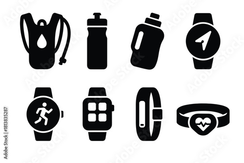 Silhouette icons of fitness trackers and accessories: watches, bands, bottles, and gear