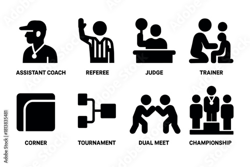 Wrestling tournament icons featuring coach, referee, judge, and trainer in bold silhouette style