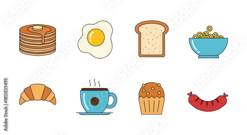 Breakfast food icons pancakes egg toast cereal croissant coffee muffin sausage