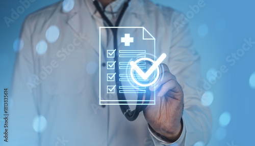 Medical checklist concept with doctor holding stethoscope and digital document icon with checkmark on futuristic background in healthcare technology theme.