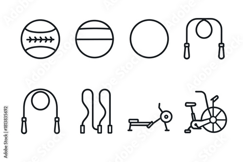 Minimalist fitness icons set: line art gym equipment and sports symbols