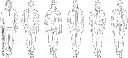 Fashion illustration of male models walking in various stylish outfits detailed line art reference for modern menswear design and clothing projects