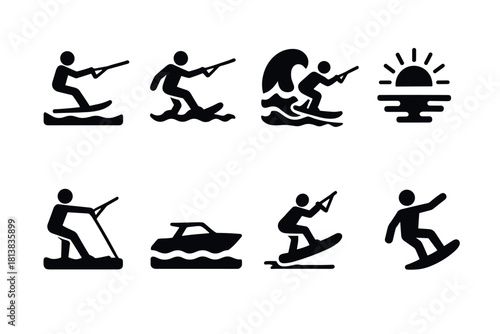 Silhouette icons of water sports activities at sunset with wakeboarding and surfing scenes