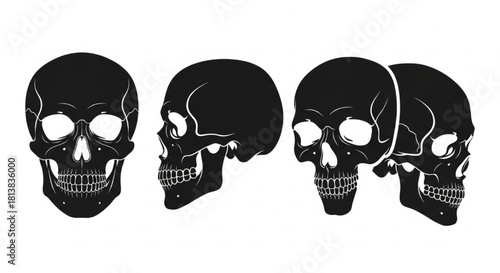 Skull Silhouette Vector Illustration Showing Front, Side, Angled, and Stylized Views in Minimal Design Style

