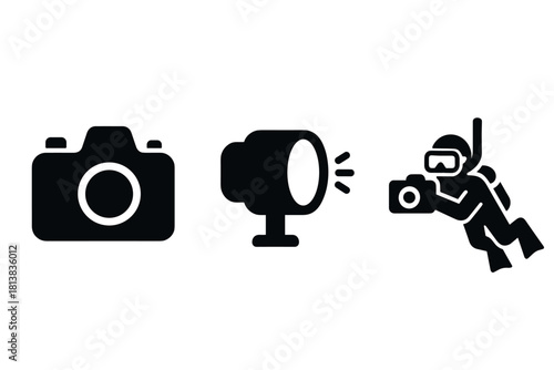 Photography equipment icons: camera, flash, diver with camera silhouettes