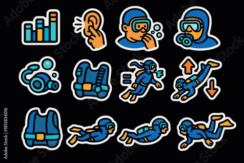 Scuba diving icons set featuring diving equipment and activities with modern sticker style
