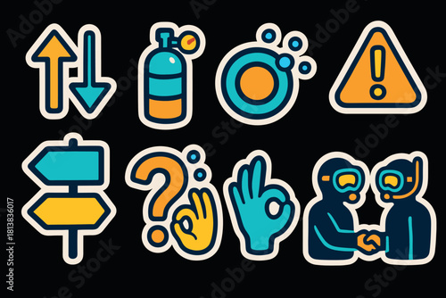 Colorful sticker style icon set with hands, arrows, and symbols on dark background