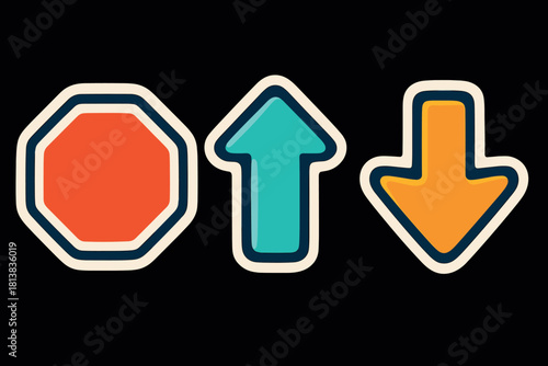Colorful traffic signs and arrows on black background