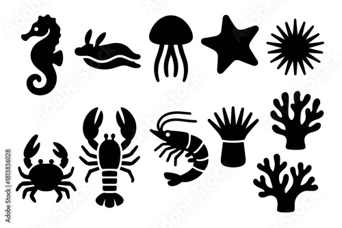 Marine life silhouettes: sea creatures and coral icons for nautical designs