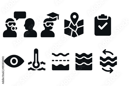 Black icons set: temperature, location, communication, checklist, eye