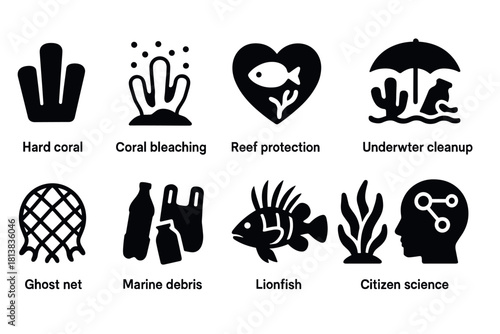 Ocean conservation icons: marine cleanup and protection symbols