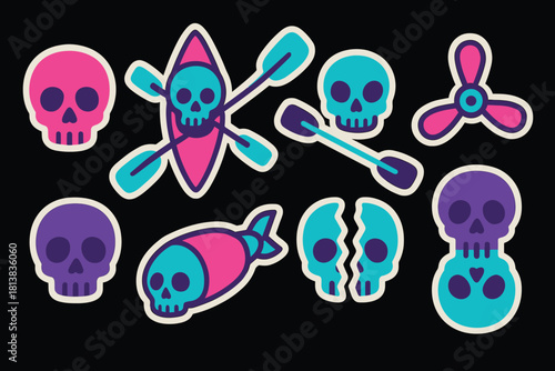 Colorful skull stickers collection with nautical and aviation themes