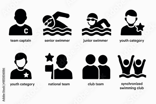 Swimming team icons: captain, senior, junior, youth, club, national, synchronized