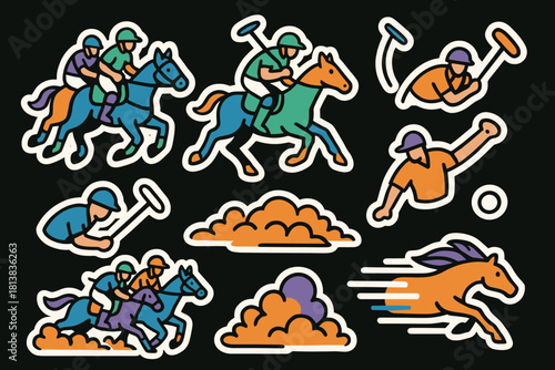Vibrant polo stickers featuring dynamic horse riding scenes