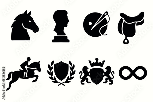 Equestrian icons: silhouette set featuring horse, rider, and heraldic symbols