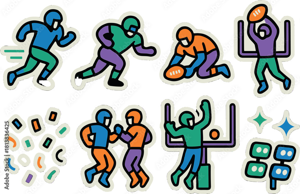 Fototapeta premium Colorful sticker style football players and icons on metallic background