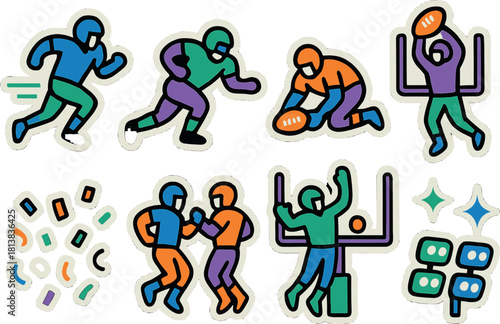 Colorful sticker style football players and icons on metallic background