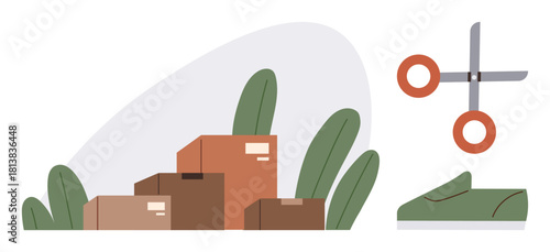 Cardboard boxes stacked next to green leaves, scissors, and a green shoe. Ideal for packaging, crafting, delivery, DIY projects, eco-friendliness, recycling retail simple flat metaphor