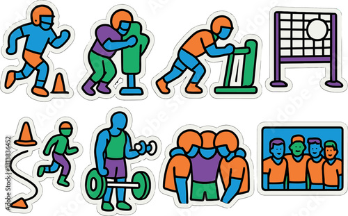Colorful sports training icons: fitness, volleyball, and team activities