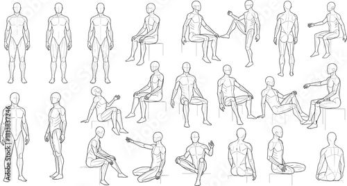 Human figure drawing reference showing multiple standing and sitting poses detailed anatomical line art for artists character design practice and study illustration