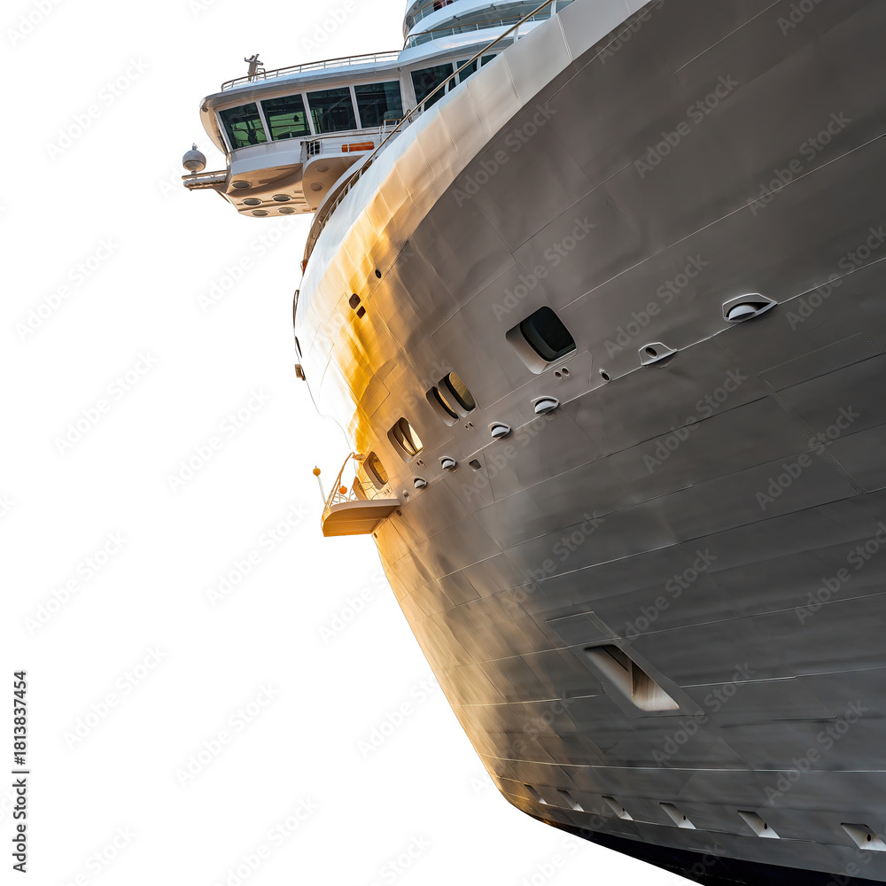 Naklejka premium Close Up of a Grand Luxury Cruise Ship Bow Illuminated by Golden Hour Sunlight Against a Stark Black Background Detailed View of Ship Hull Windows and Bridge Structure