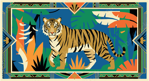 Art Deco Tiger in Tropical Jungle. Geometric Wildlife Illustration.