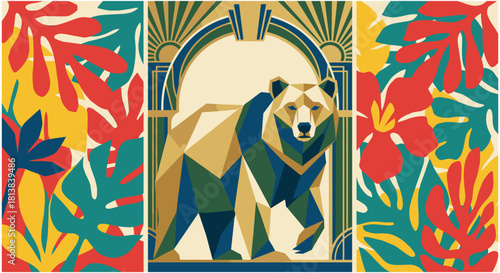 Geometric Bear in Art Deco Floral Arch. Abstract Wildlife Triptych.