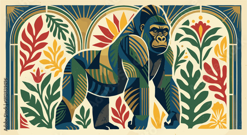 AMajestic Gorilla Geometric Illustration. Art Deco Tropical Jungle Wildlife.