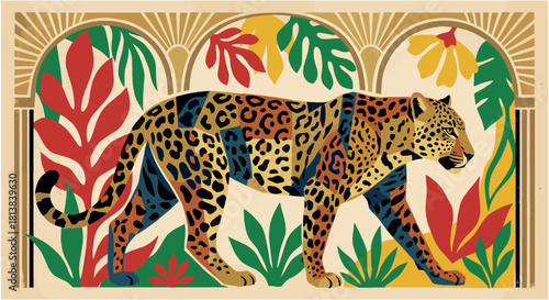 Geometric Leopard in Jungle Foliage. Art Deco Matisse Cut-Out Wildlife.