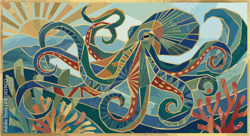 Geometric Octopus in Ocean Waves. Art Deco Mosaic Marine Life Illustration.