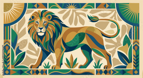 Regal Lion Geometric Illustration. Art Deco Safari King of the Jungle.