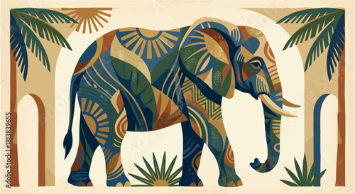 Art Deco Geometric Elephant Illustration. African Safari Wildlife Poster.