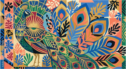 Decorative Peacock Geometric Pattern. Art Deco and Matisse Style Abstract Bird.