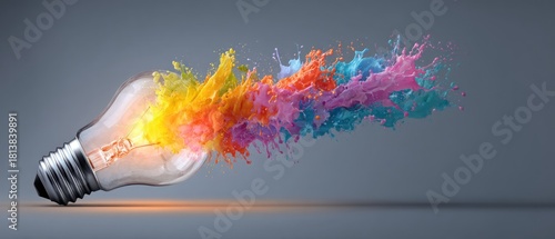Light bulb bursting with colorful paint