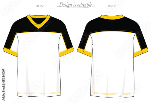 black and white mockup tees, Men's V-neck t-shirt with V insert in the center of the front neckline, front and back yoke with piping insert, sleeves with piping insert, front and back sketch.eps10