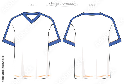 contrasting blue V-neckline, mockup tees, Men's V-neck T-shirt with contrasting blue armbands at the cuffs, dropped shoulders, contrasting white body, front and back sketch.eps10