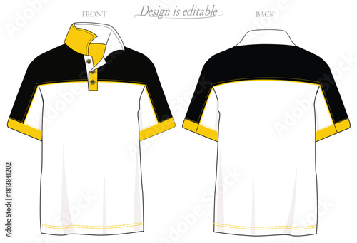 cut and sew yellow black and white mockup tees, collared shirt mockup, Short sleeve Polo shirt mock up, cut and sew polo shirt front back view, Blank polo shirt art.eps10