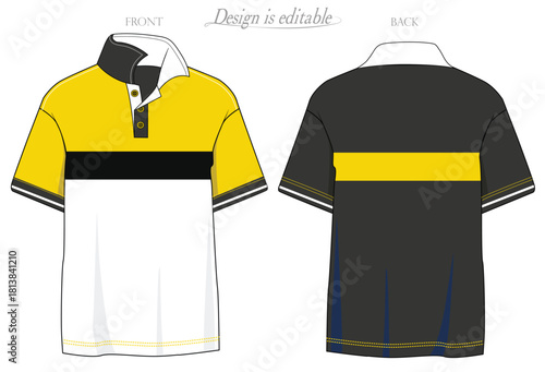 cut and sew yellow black and white mockup tees, mockup tees, Tshirt Polo yellow and black template , Short sleeve Polo shirt mock up, cut and sew polo shirt front back view.eps10