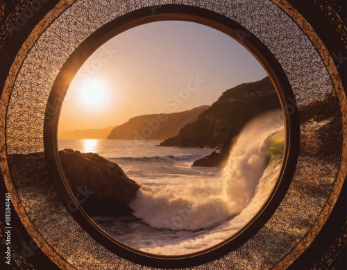 Ocean waves crashing against rocks at sunset seen through a circular frame.