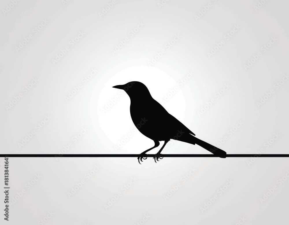 Fototapeta premium Silhouette of a bird perched on a wire against a light background.