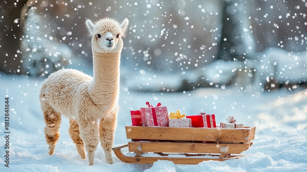 Naklejka premium alpaca beside wooden sled with presents in snow .