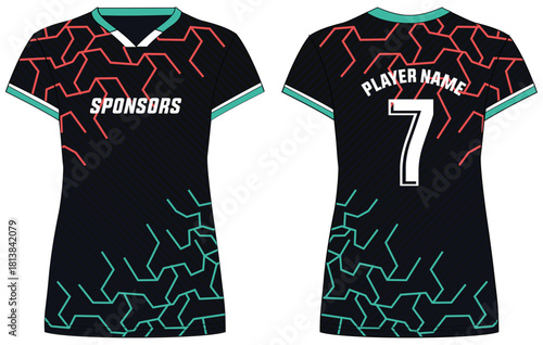 Women Sports Jersey t-shirt flat sketch design illustration with abstract Stripe pattern suitable for girls and Ladies for Volleyball jersey, Football, Soccer and netball, Sport uniform kit for sports