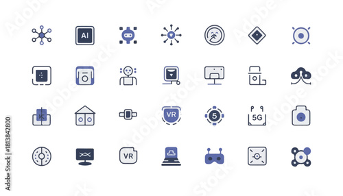 Modern technology icons arranged in a grid format. Each icon is stylized in blue and black with minimalistic design and labeled with a concept such as AI, blockchain, quantum computing, robotics.