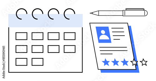 Calendar, resume with 4-star rating, and pen symbolizing planning, recruitment, performance review, or time management. Ideal for HR, hiring, scheduling evaluation project planning productivity