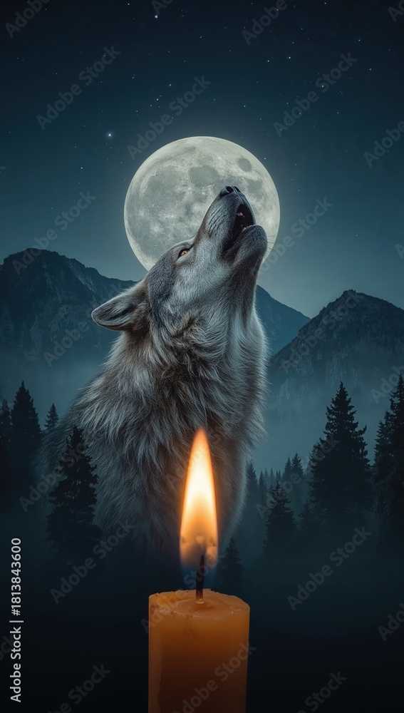 Fototapeta premium Howling wolf under full moon with burning candle in dark night forest and mountain landscape