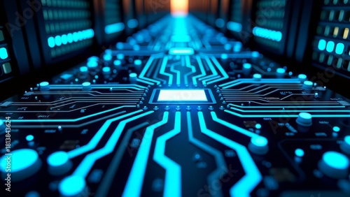 Glowing digital circuit board in server room