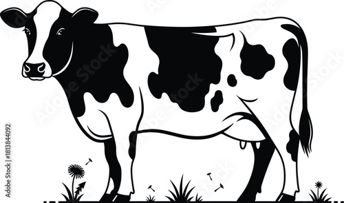 Black and white Holstein cow standing on grass field, detailed farm animal illustration, dairy cattle artwork for agriculture, livestock and nature design