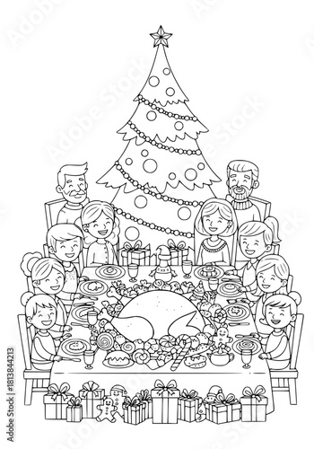 happy relatives at the festive table at Christmas. coloring book
