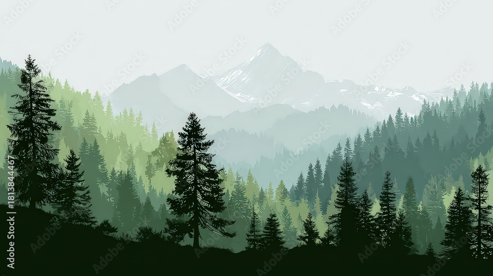 Obraz premium Pixelated Forest Landscape with Misty Mountains Under Overcast Sky