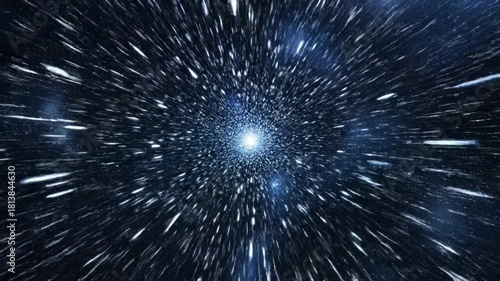 Abstract hyperspace travel through a starfield. Light speed journey in deep space with a bright central point, warp effect.